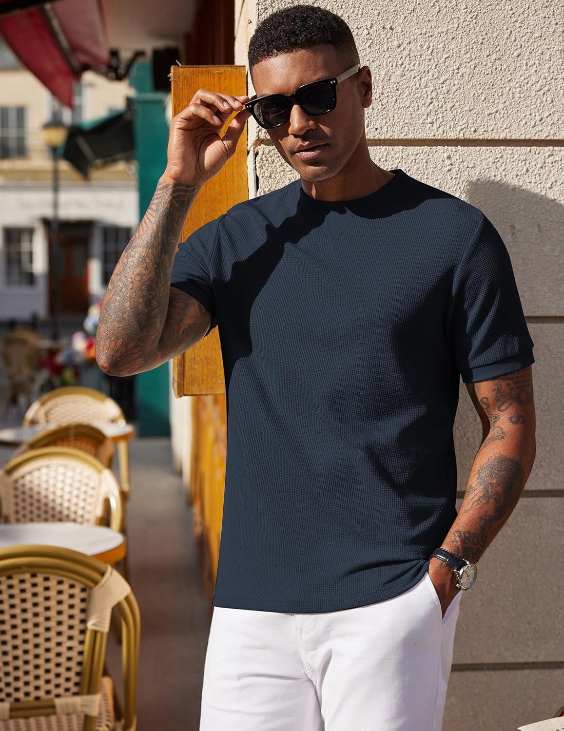 imageCOOFANDY Mens Waffle TShirts Short Sleeve Casual Crew Neck Shirt Summer Plain Pullover TeesNavy Blue
