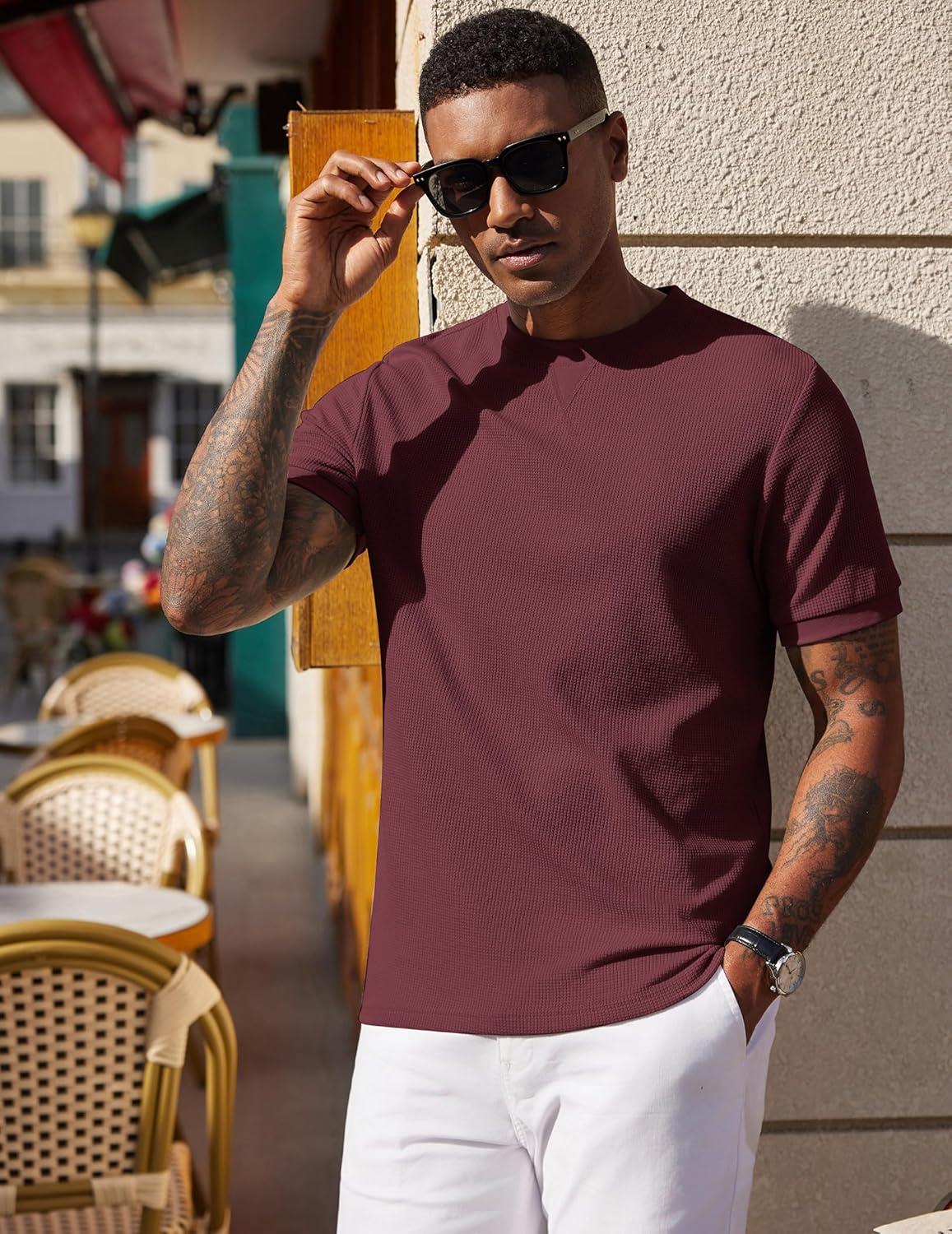 imageCOOFANDY Mens Waffle TShirts Short Sleeve Casual Crew Neck Shirt Summer Plain Pullover TeesWine Red