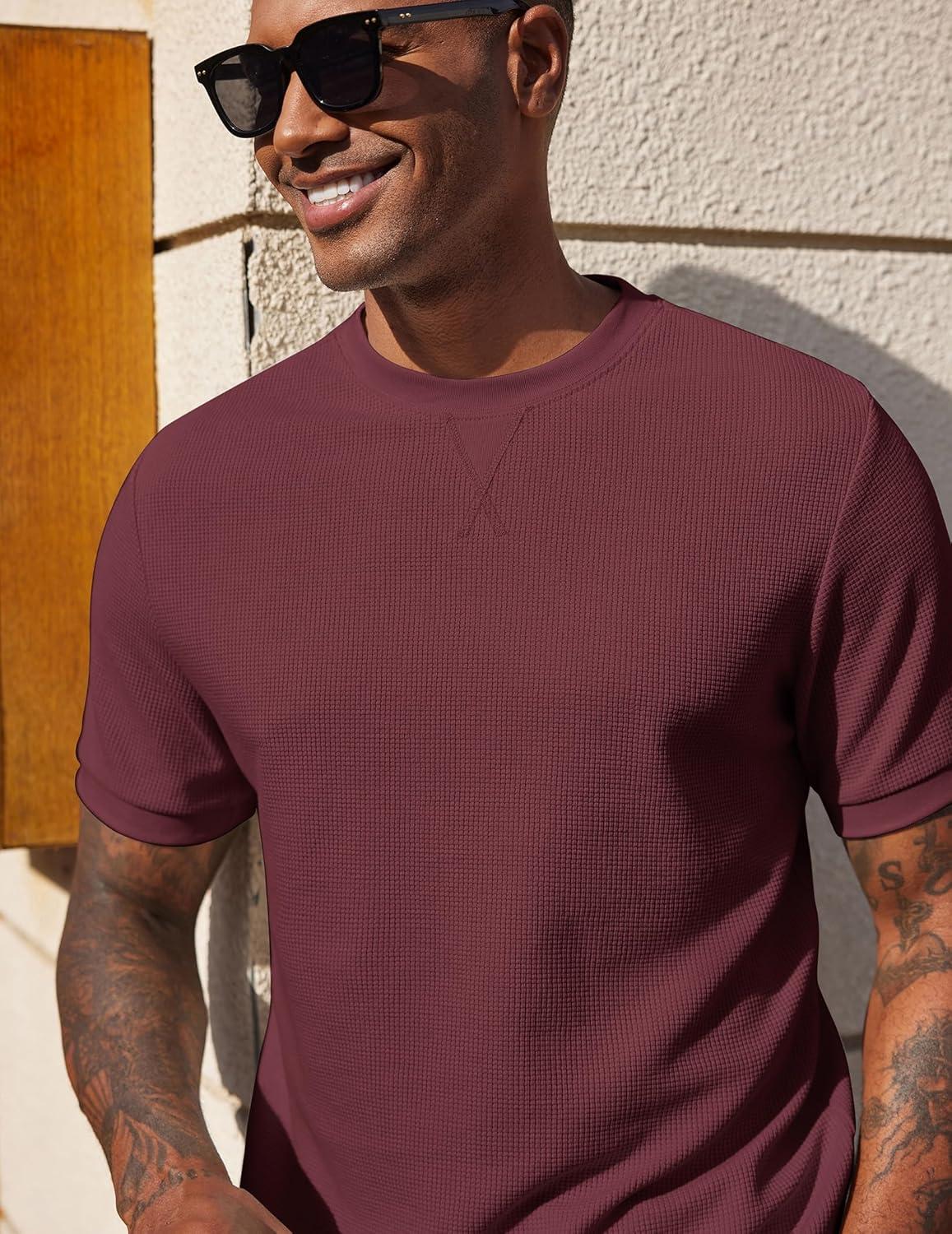 imageCOOFANDY Mens Waffle TShirts Short Sleeve Casual Crew Neck Shirt Summer Plain Pullover TeesWine Red