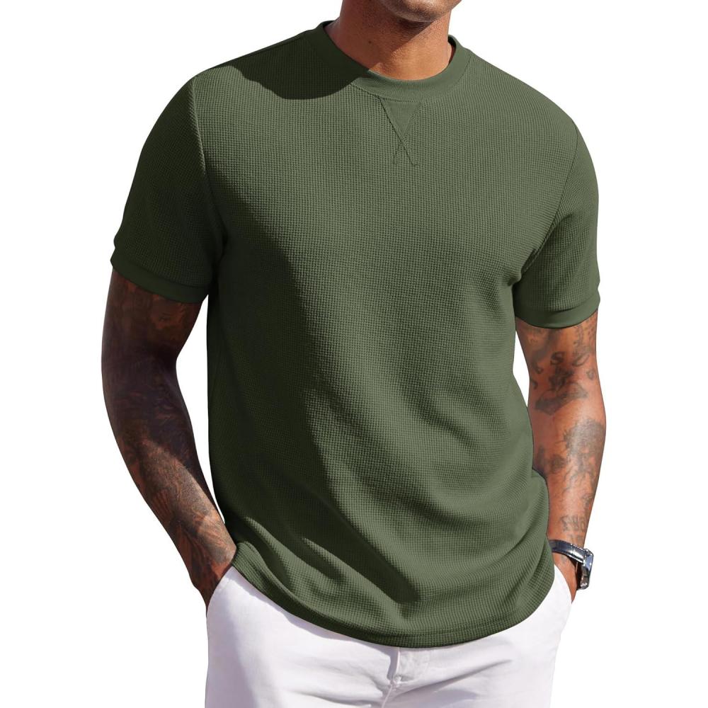 imageCOOFANDY Mens Waffle TShirts Short Sleeve Casual Crew Neck Shirt Summer Plain Pullover TeesArmy Green