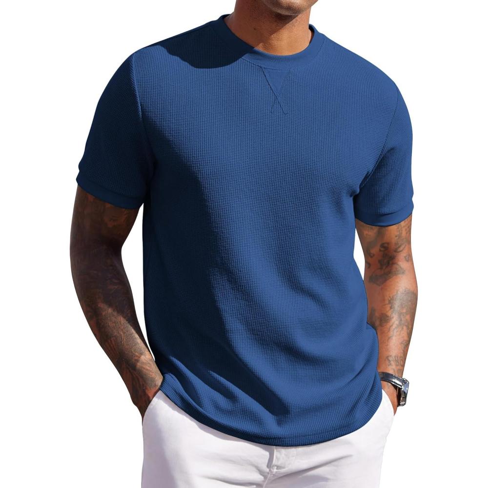 imageCOOFANDY Mens Waffle TShirts Short Sleeve Casual Crew Neck Shirt Summer Plain Pullover TeesDenim Blue