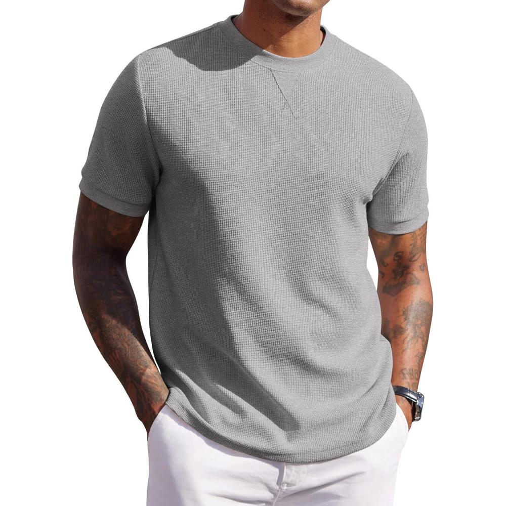 imageCOOFANDY Mens Waffle TShirts Short Sleeve Casual Crew Neck Shirt Summer Plain Pullover TeesHeather Gray