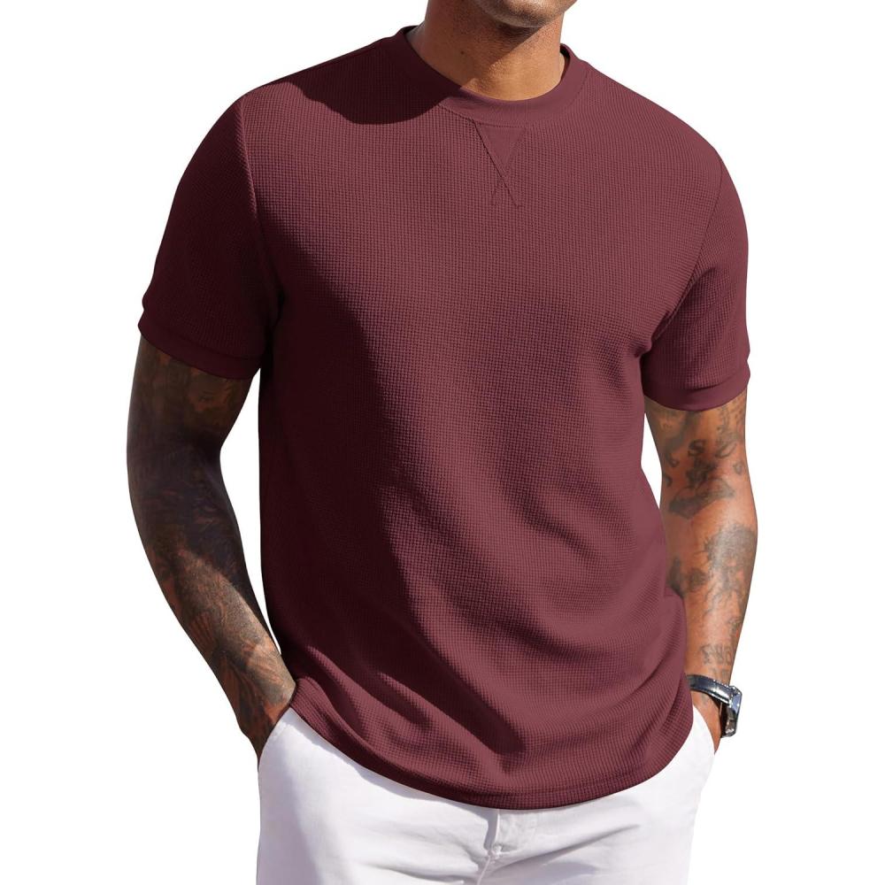 imageCOOFANDY Mens Waffle TShirts Short Sleeve Casual Crew Neck Shirt Summer Plain Pullover TeesWine Red