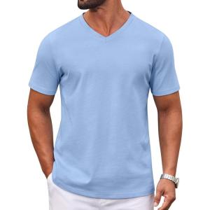 COOFANDY Mens T Shirts 100% Cotton V Neck Tee Shirt Plain Short Sleeve Casual Shirts(Light Blue)