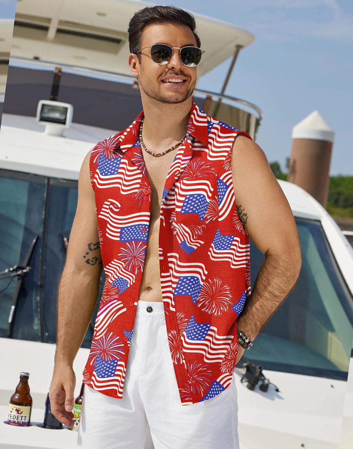 imageCOOFANDY Mens Sleeveless Beach Shirts Summer Button Up Tank Tops Casual Textured Tank ShirtPatriotic Red Floral
