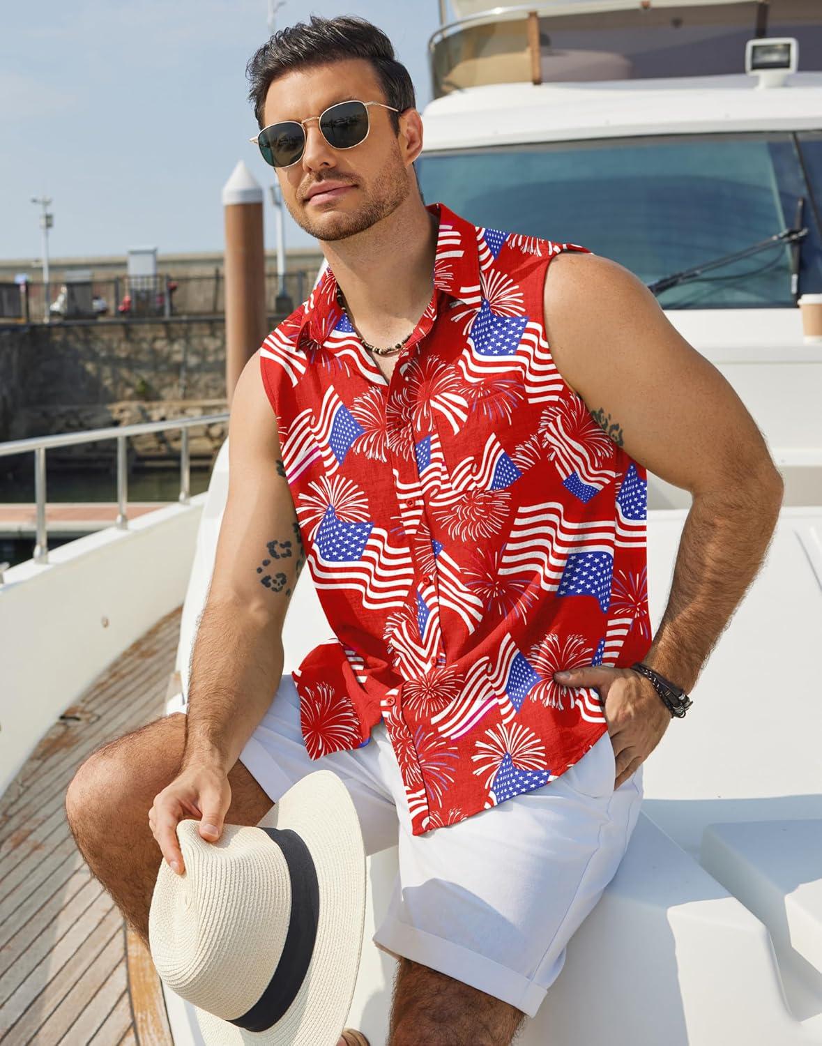 imageCOOFANDY Mens Sleeveless Beach Shirts Summer Button Up Tank Tops Casual Textured Tank ShirtPatriotic Red Floral