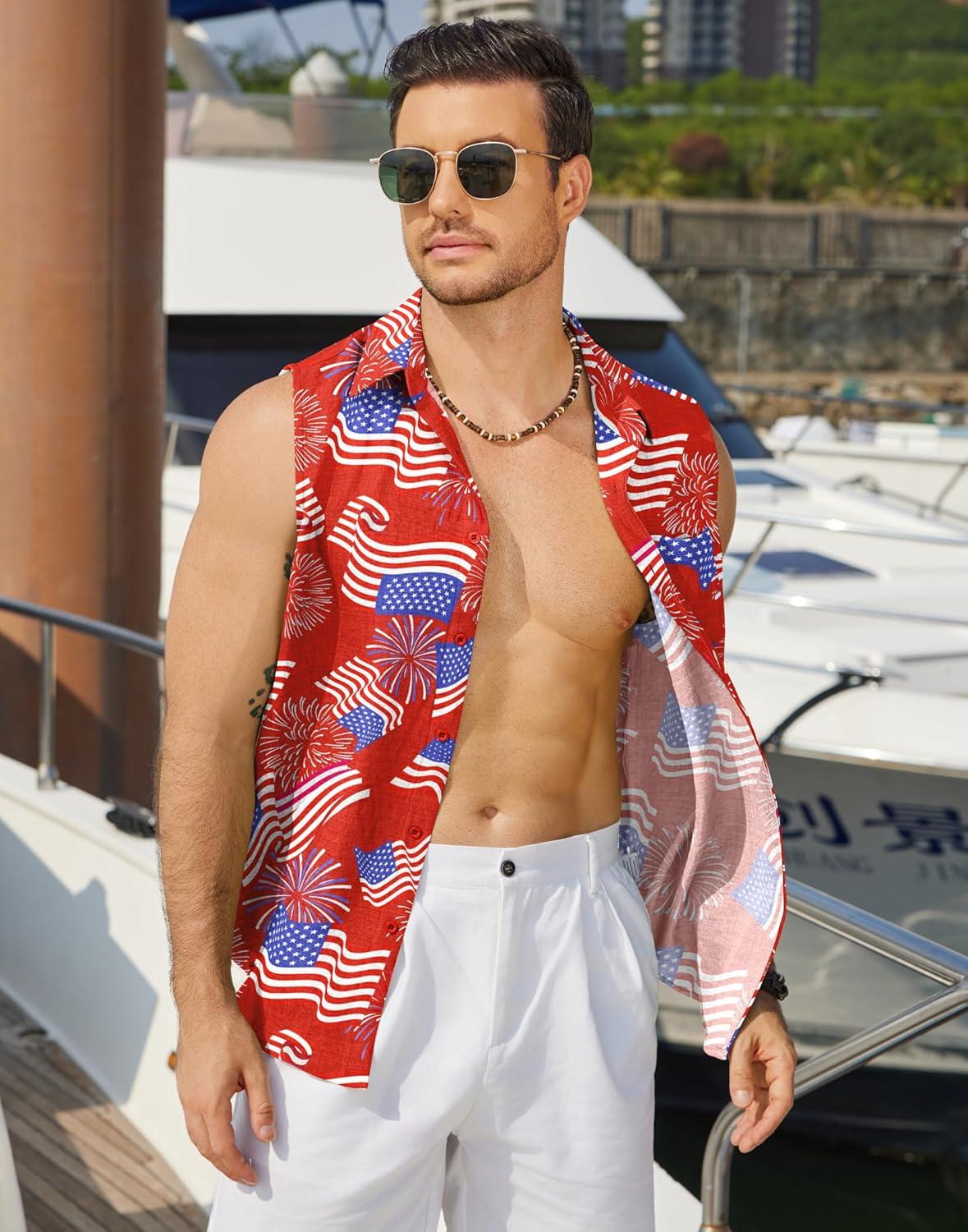 imageCOOFANDY Mens Sleeveless Beach Shirts Summer Button Up Tank Tops Casual Textured Tank ShirtPatriotic Red Floral