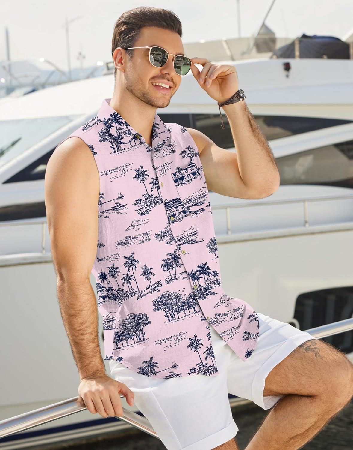 imageCOOFANDY Mens Sleeveless Beach Shirts Summer Button Up Tank Tops Casual Textured Tank ShirtPink Tropical Palm Tree