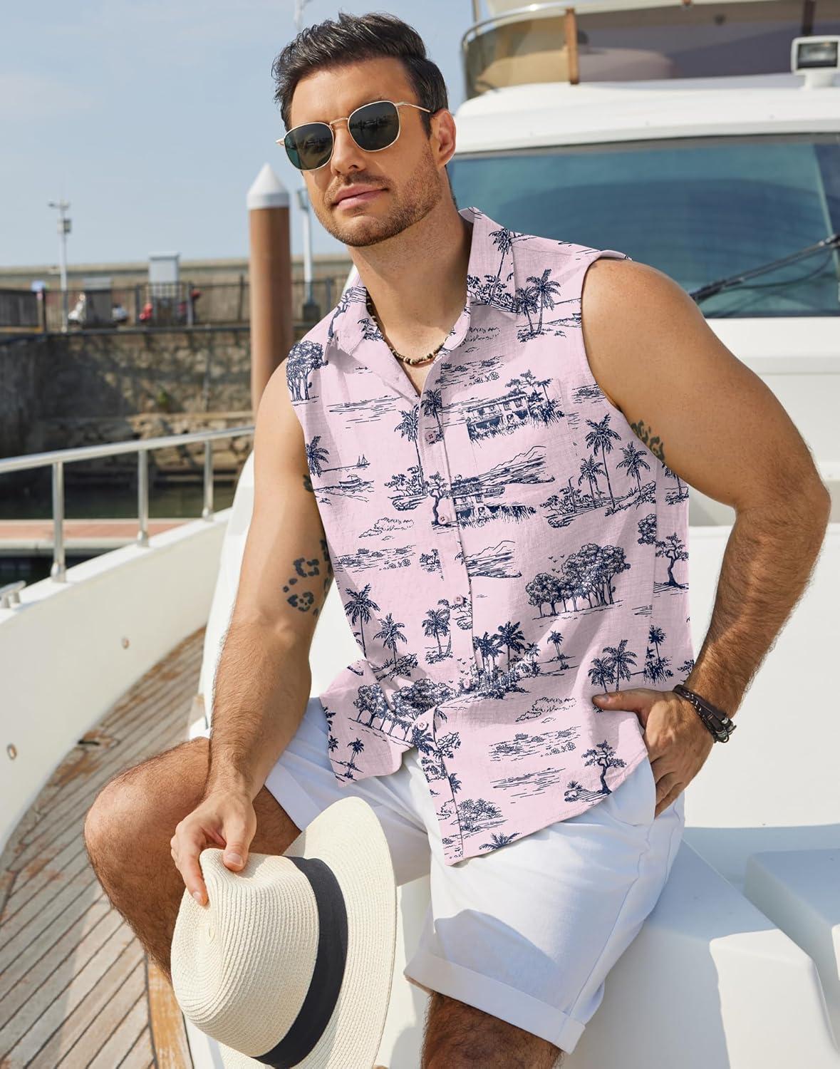 imageCOOFANDY Mens Sleeveless Beach Shirts Summer Button Up Tank Tops Casual Textured Tank ShirtPink Tropical Palm Tree