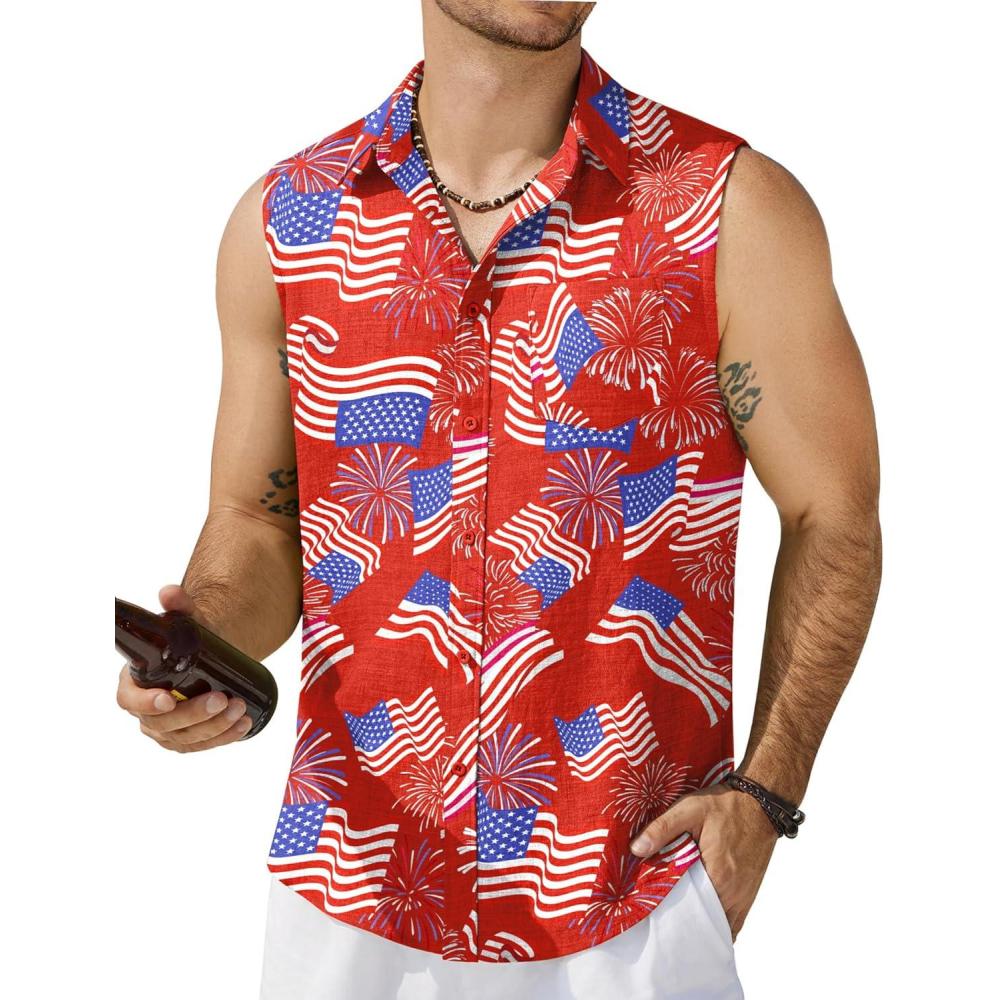 imageCOOFANDY Mens Sleeveless Beach Shirts Summer Button Up Tank Tops Casual Textured Tank ShirtPatriotic Red Floral