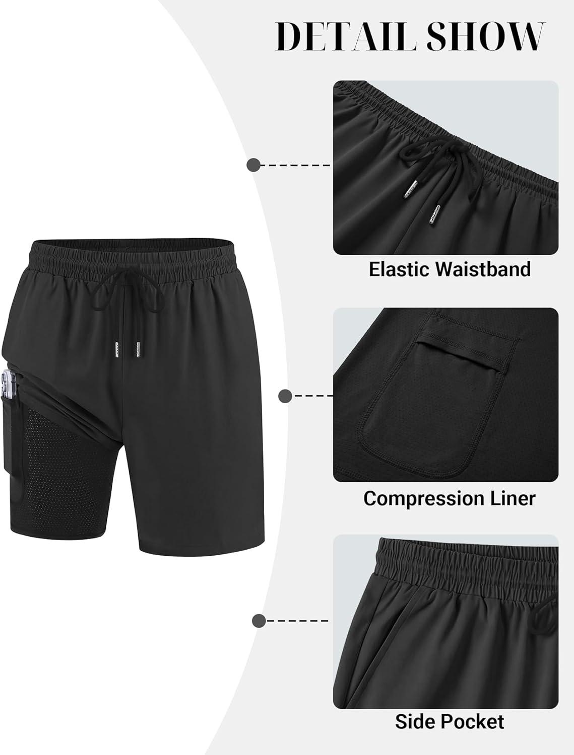 imageCOOFANDY Mens 7 Swim Trunks with Compression Liner Quick Dry 2 in 1 Bathing Suit Beach Swimwear Board Shorts with PocketsAblack