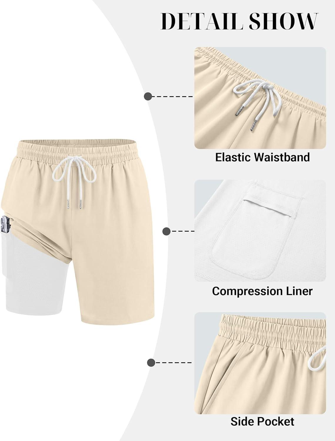 imageCOOFANDY Mens 7 Swim Trunks with Compression Liner Quick Dry 2 in 1 Bathing Suit Beach Swimwear Board Shorts with PocketsBeige