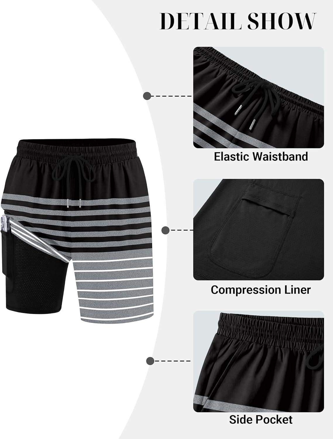 imageCOOFANDY Mens 7 Swim Trunks with Compression Liner Quick Dry 2 in 1 Bathing Suit Beach Swimwear Board Shorts with PocketsBlack Gray White Stripes