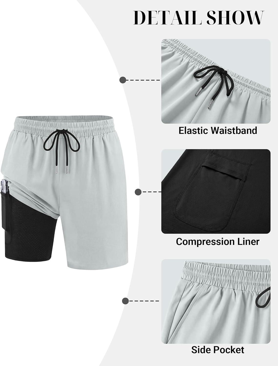 imageCOOFANDY Mens 7 Swim Trunks with Compression Liner Quick Dry 2 in 1 Bathing Suit Beach Swimwear Board Shorts with PocketsGray Green