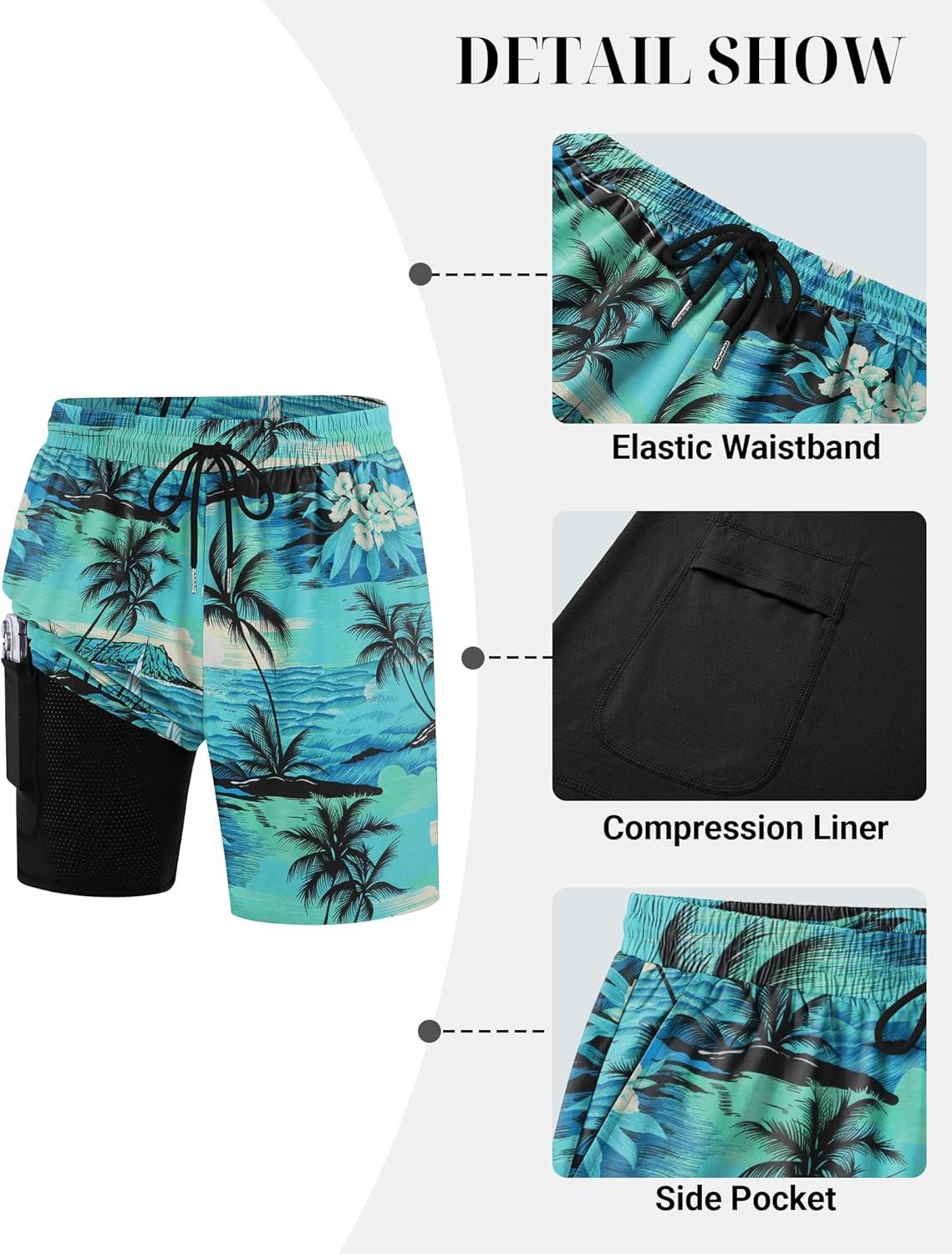 imageCOOFANDY Mens 7 Swim Trunks with Compression Liner Quick Dry 2 in 1 Bathing Suit Beach Swimwear Board Shorts with PocketsGreen Coconut Trees
