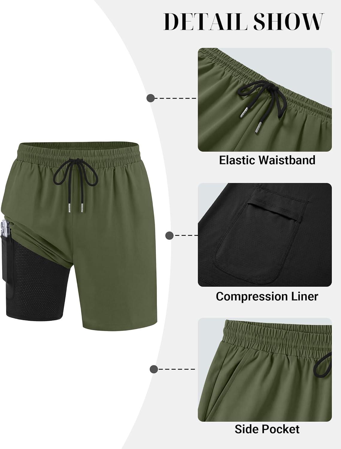 imageCOOFANDY Mens 7 Swim Trunks with Compression Liner Quick Dry 2 in 1 Bathing Suit Beach Swimwear Board Shorts with PocketsMilitary Green