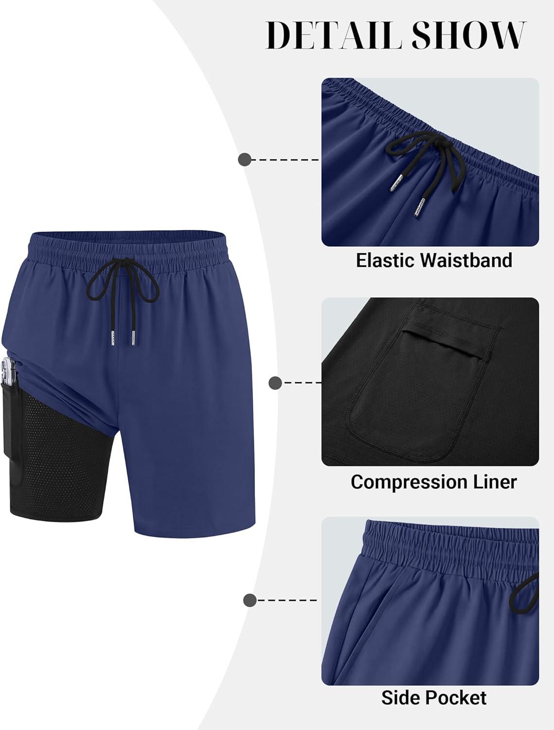 imageCOOFANDY Mens 7 Swim Trunks with Compression Liner Quick Dry 2 in 1 Bathing Suit Beach Swimwear Board Shorts with PocketsNavy Blue