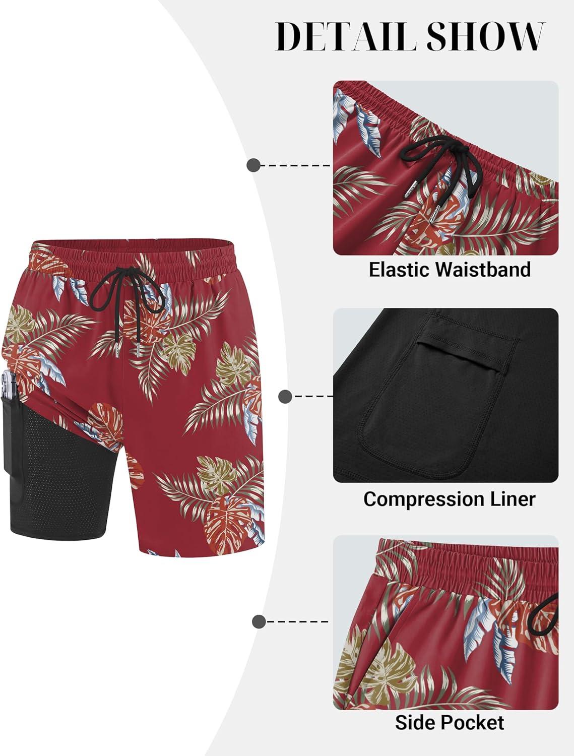 imageCOOFANDY Mens 7 Swim Trunks with Compression Liner Quick Dry 2 in 1 Bathing Suit Beach Swimwear Board Shorts with PocketsRed Leaves
