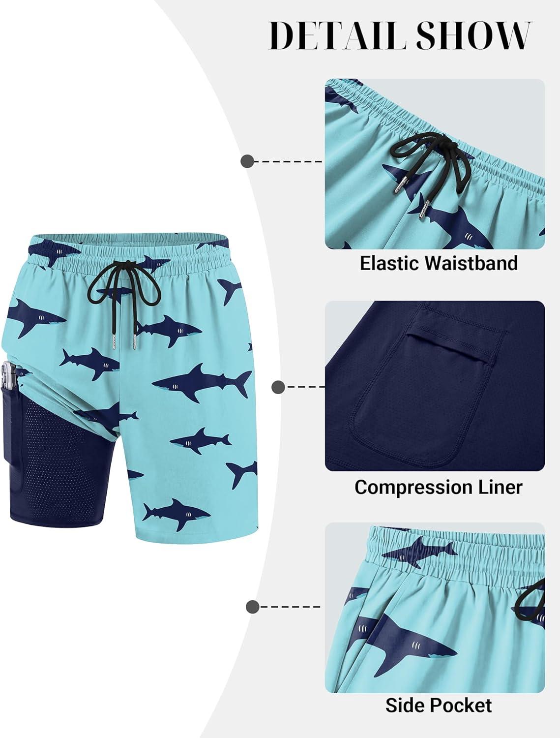 imageCOOFANDY Mens 7 Swim Trunks with Compression Liner Quick Dry 2 in 1 Bathing Suit Beach Swimwear Board Shorts with PocketsShark Green