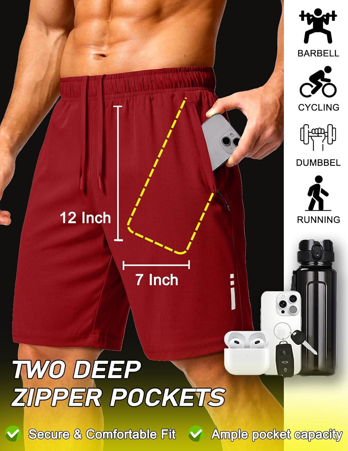 imageCOOFANDY Mens Athletic Running Shorts 9 Lightweight Quick Dry Drawstring Mesh Gym Shorts with Zipper PocketsFiery Red