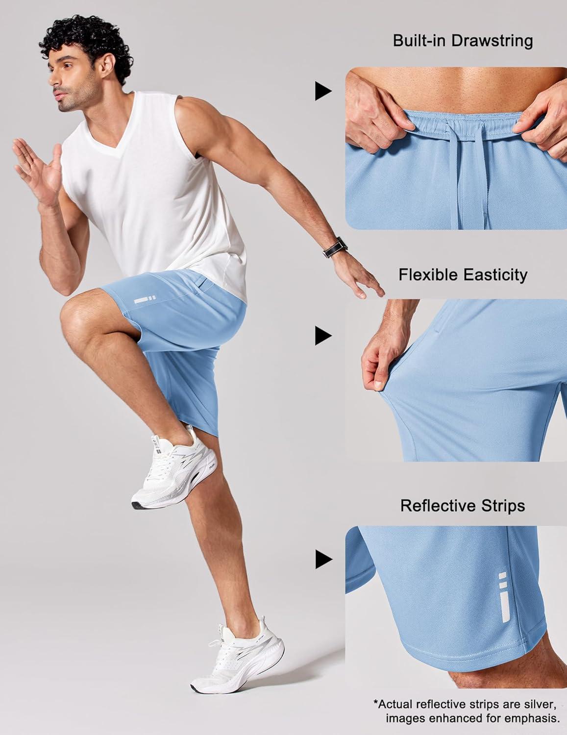 imageCOOFANDY Mens Athletic Running Shorts 9 Lightweight Quick Dry Drawstring Mesh Gym Shorts with Zipper PocketsLight Blue