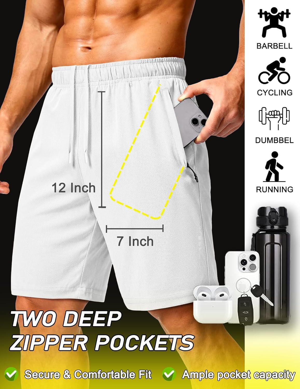 imageCOOFANDY Mens Athletic Running Shorts 9 Lightweight Quick Dry Drawstring Mesh Gym Shorts with Zipper PocketsWhite