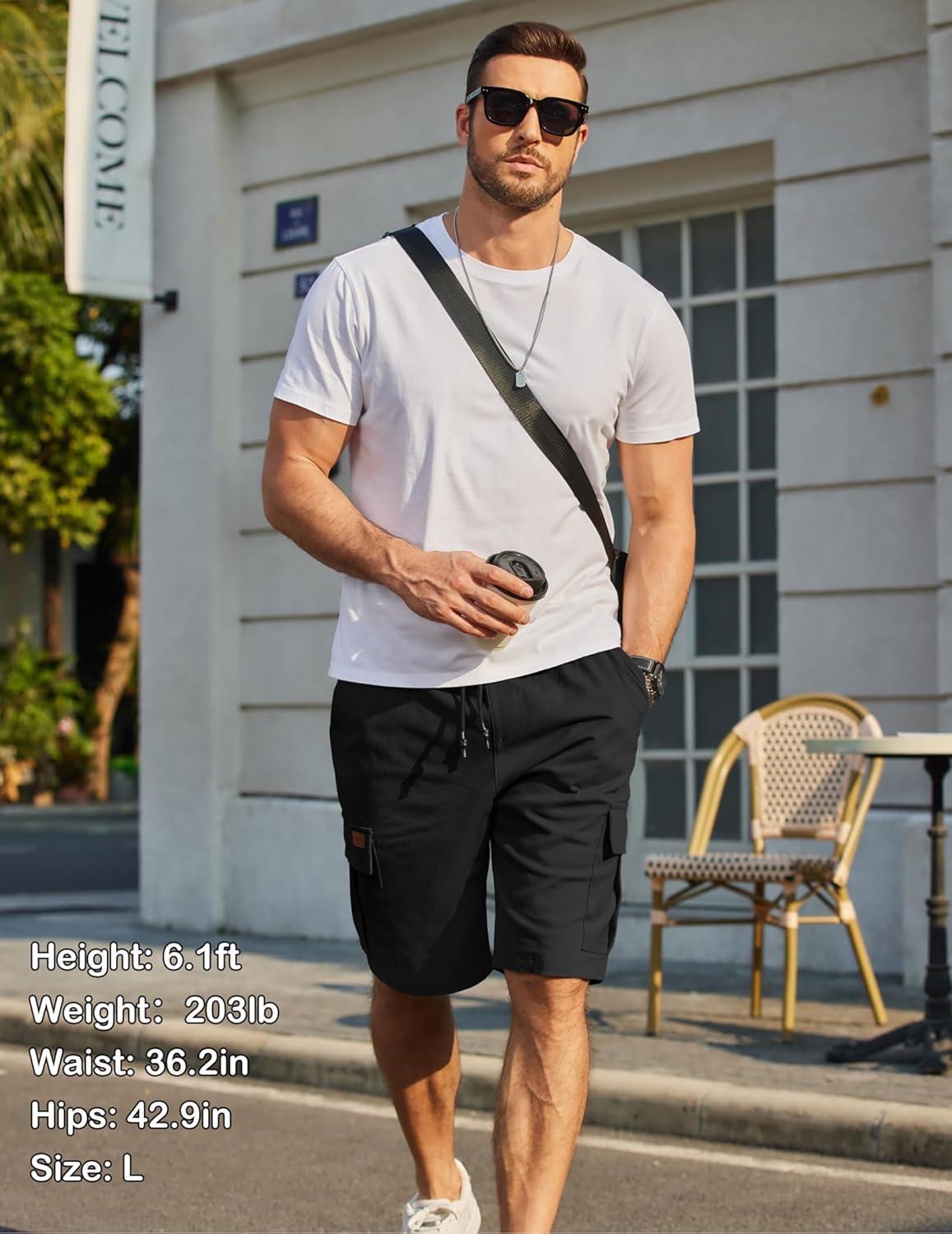 imageCOOFANDY Mens Casual Cargo Shorts 10 Drawstring Elastic Waist Shorts Summer Cotton Chino Work Shorts with 6 PocketsBlack