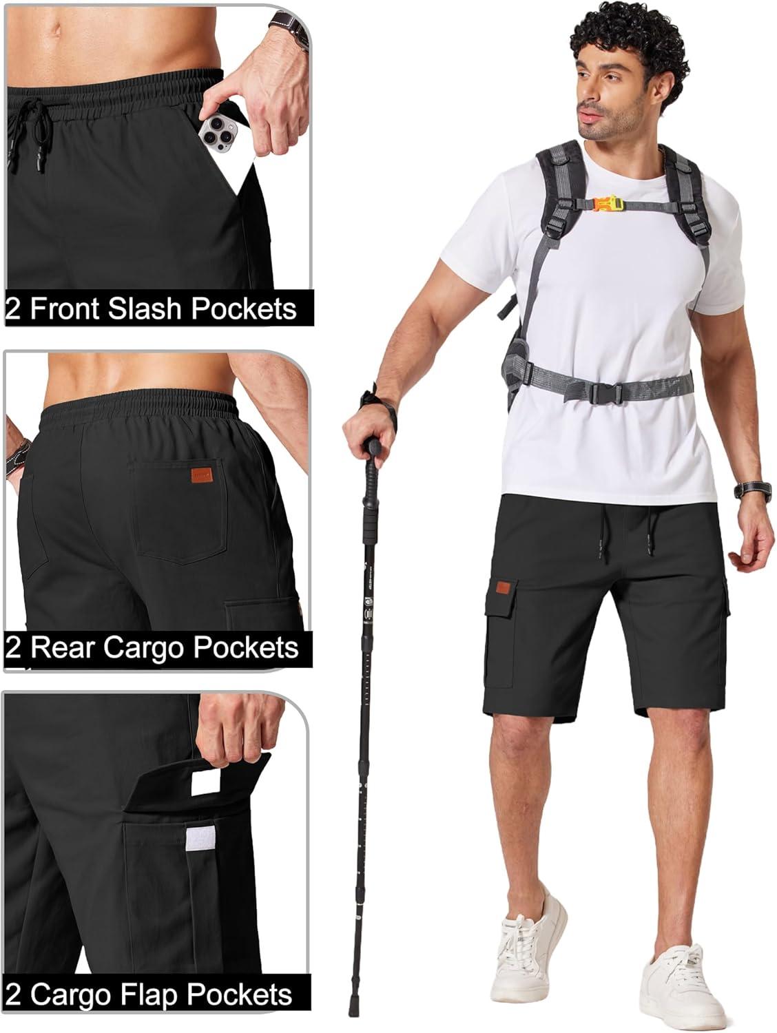 imageCOOFANDY Mens Casual Cargo Shorts 10 Drawstring Elastic Waist Shorts Summer Cotton Chino Work Shorts with 6 PocketsBlack