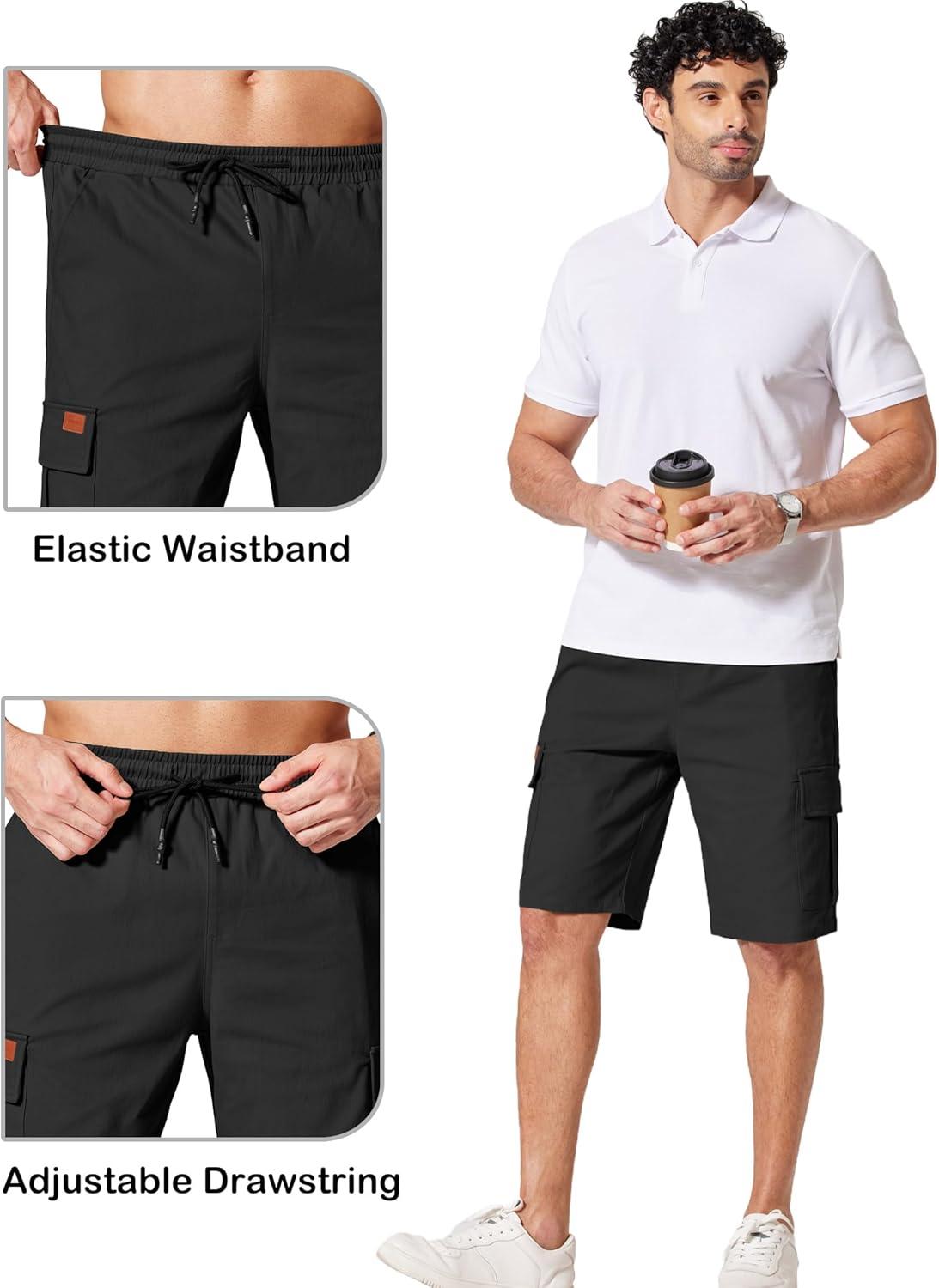 imageCOOFANDY Mens Casual Cargo Shorts 10 Drawstring Elastic Waist Shorts Summer Cotton Chino Work Shorts with 6 PocketsBlack