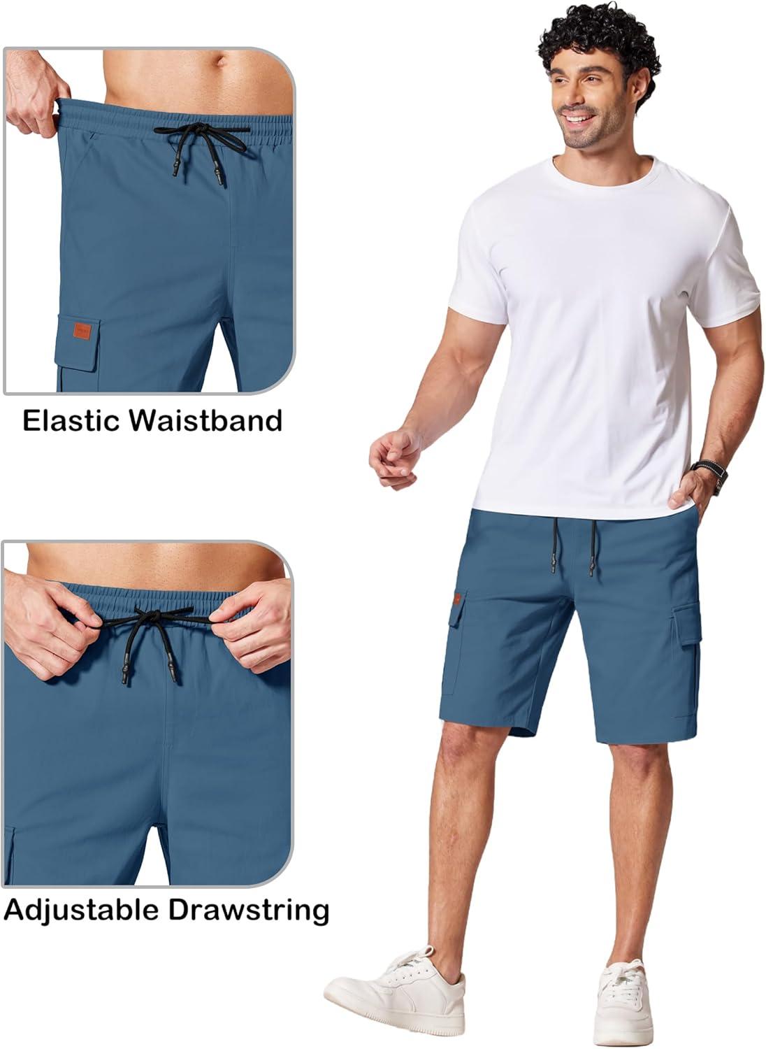 imageCOOFANDY Mens Casual Cargo Shorts 10 Drawstring Elastic Waist Shorts Summer Cotton Chino Work Shorts with 6 PocketsBlue