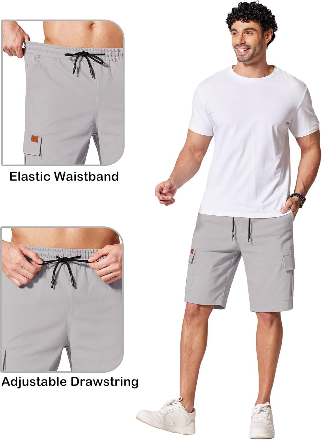 imageCOOFANDY Mens Casual Cargo Shorts 10 Drawstring Elastic Waist Shorts Summer Cotton Chino Work Shorts with 6 PocketsLight Grey