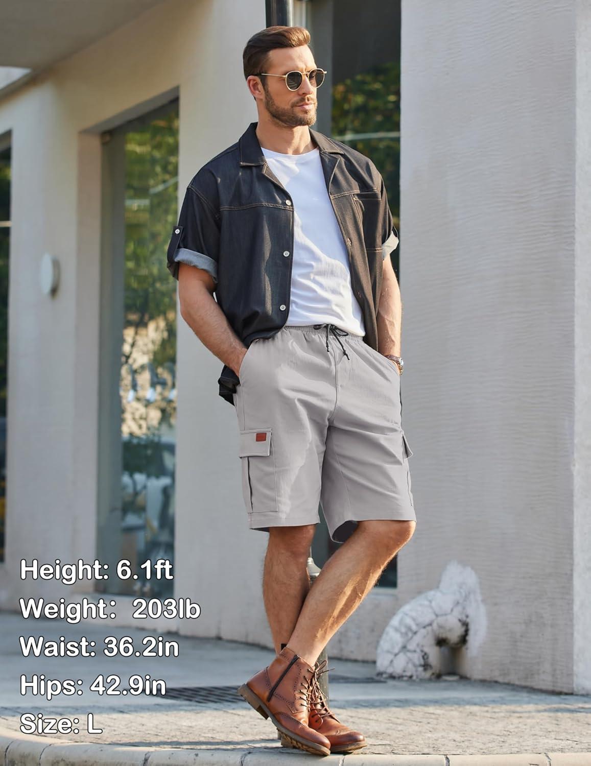 imageCOOFANDY Mens Casual Cargo Shorts 10 Drawstring Elastic Waist Shorts Summer Cotton Chino Work Shorts with 6 PocketsLight Grey