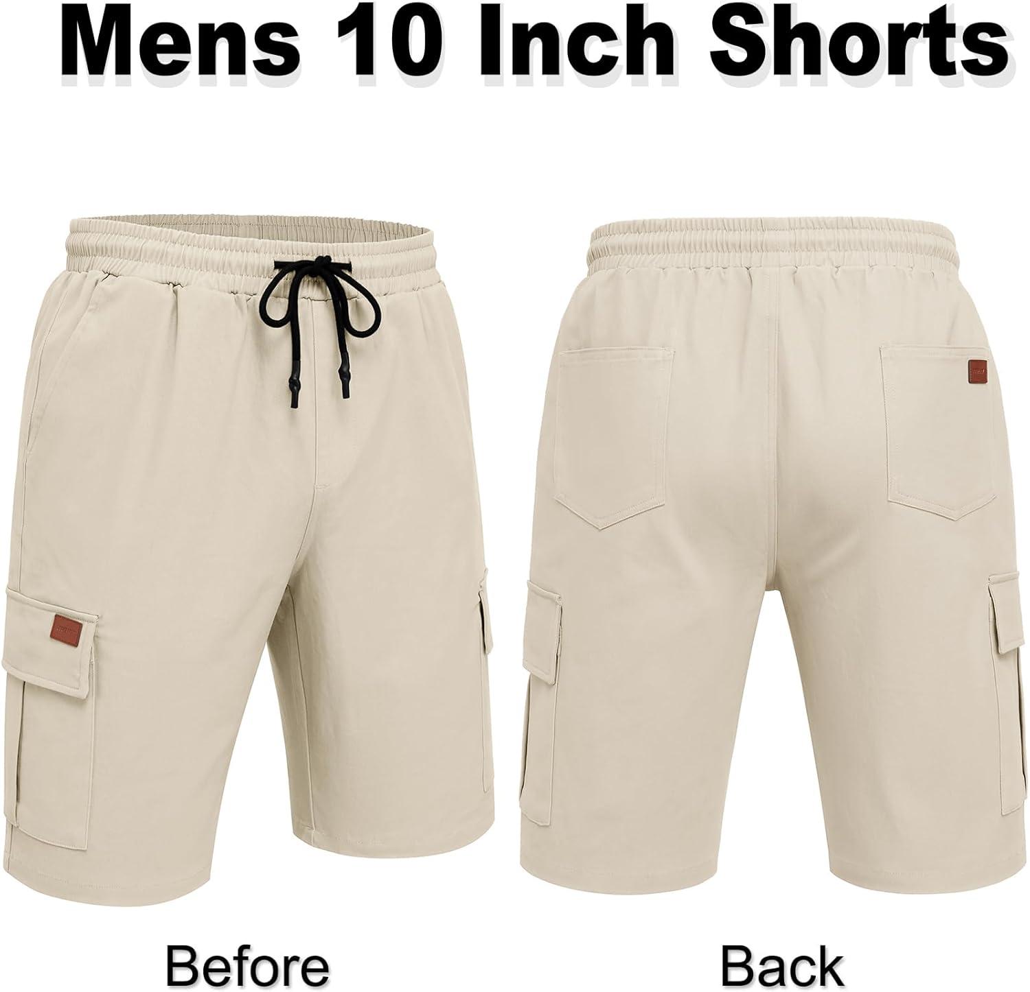 imageCOOFANDY Mens Casual Cargo Shorts 10 Drawstring Elastic Waist Shorts Summer Cotton Chino Work Shorts with 6 PocketsLight Khaki