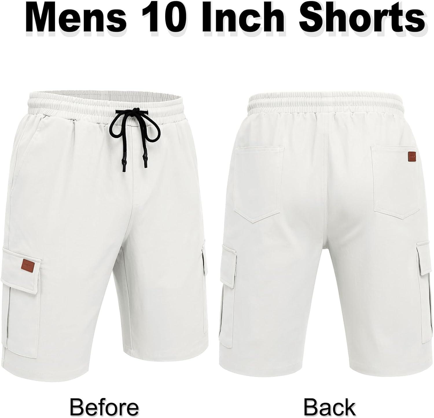 imageCOOFANDY Mens Casual Cargo Shorts 10 Drawstring Elastic Waist Shorts Summer Cotton Chino Work Shorts with 6 PocketsWhite