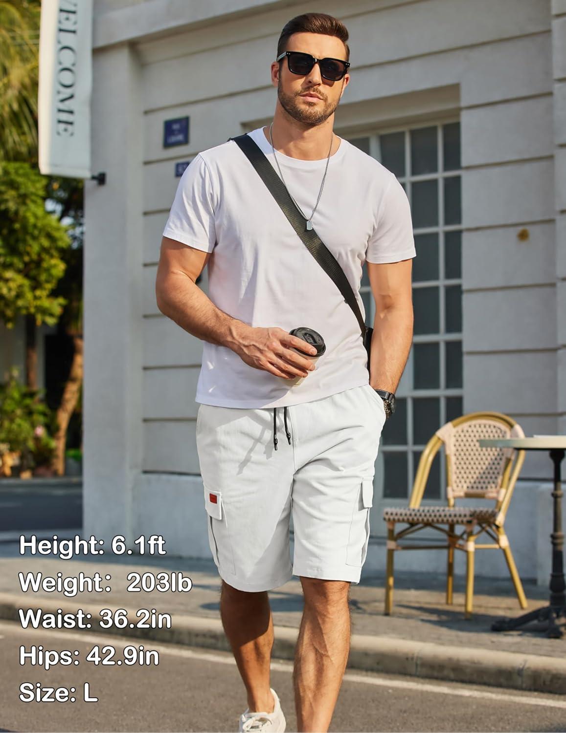 imageCOOFANDY Mens Casual Cargo Shorts 10 Drawstring Elastic Waist Shorts Summer Cotton Chino Work Shorts with 6 PocketsWhite
