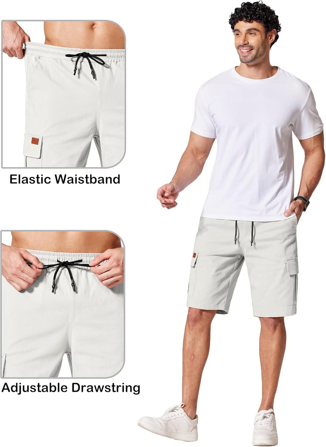 imageCOOFANDY Mens Casual Cargo Shorts 10 Drawstring Elastic Waist Shorts Summer Cotton Chino Work Shorts with 6 PocketsWhite
