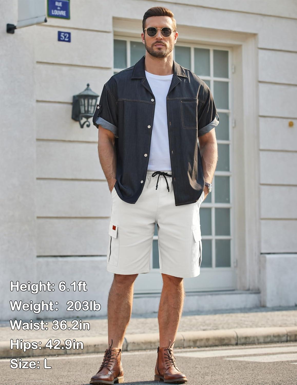 imageCOOFANDY Mens Casual Cargo Shorts 10 Drawstring Elastic Waist Shorts Summer Cotton Chino Work Shorts with 6 PocketsWhite