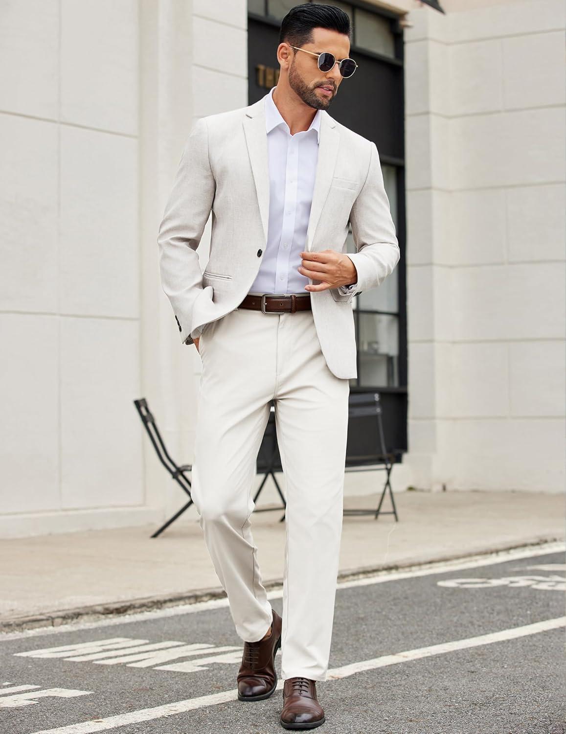 imageCOOFANDY Mens Casual Chino Pants Elastic Waist Lightweight Trousers ClassicFit Business Dress Pants with PocketsBeige