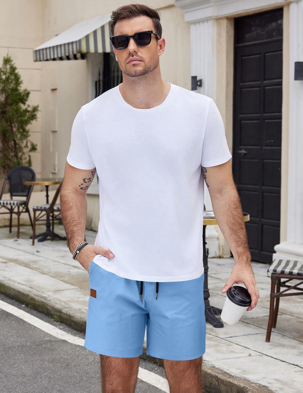 imageCOOFANDY Mens Casual Cotton Shorts Summer Beach 5 Inch Shorts Lightweight Drawstring Elastic Waist Chino Golf ShortsLight Blue
