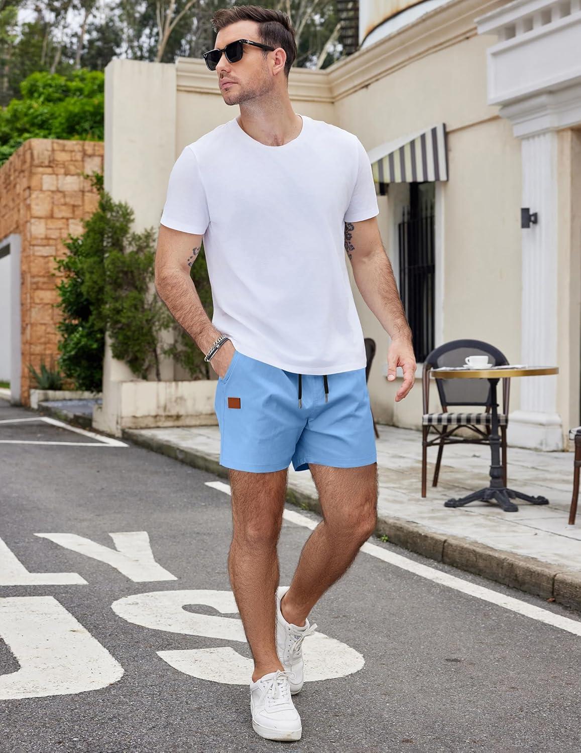 imageCOOFANDY Mens Casual Cotton Shorts Summer Beach 5 Inch Shorts Lightweight Drawstring Elastic Waist Chino Golf ShortsLight Blue