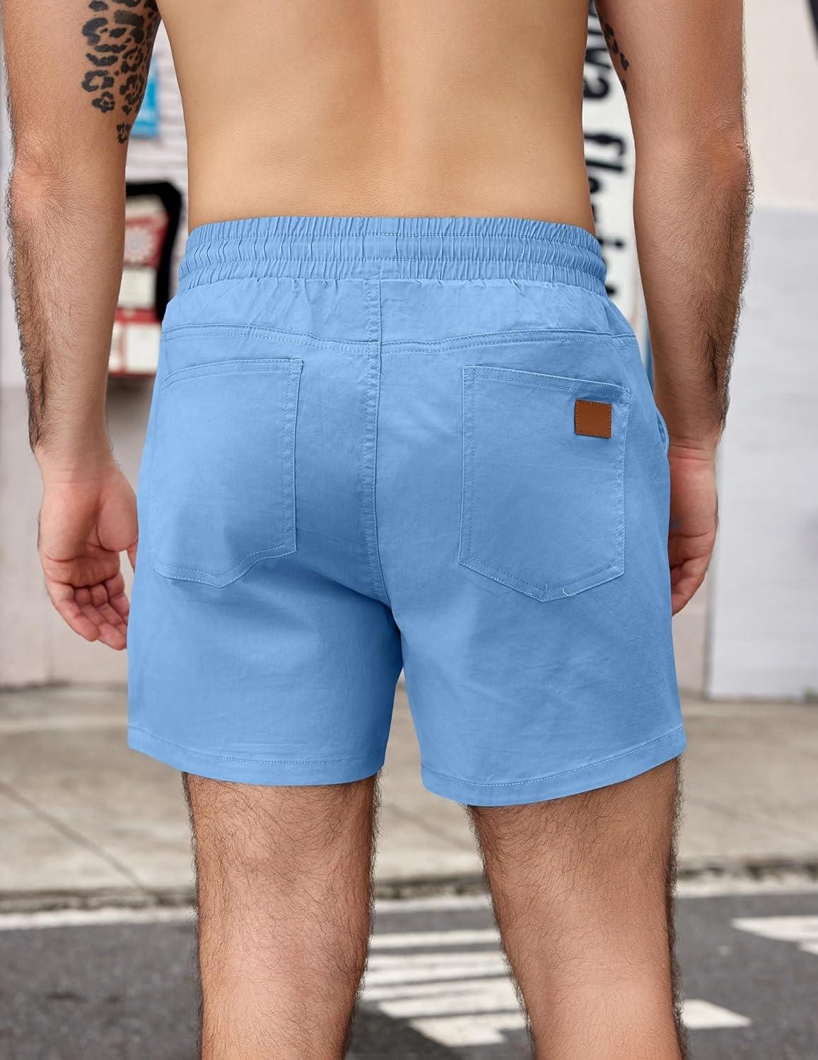 imageCOOFANDY Mens Casual Cotton Shorts Summer Beach 5 Inch Shorts Lightweight Drawstring Elastic Waist Chino Golf ShortsLight Blue