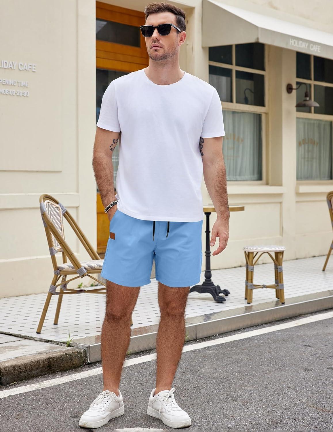 imageCOOFANDY Mens Casual Cotton Shorts Summer Beach 5 Inch Shorts Lightweight Drawstring Elastic Waist Chino Golf ShortsLight Blue