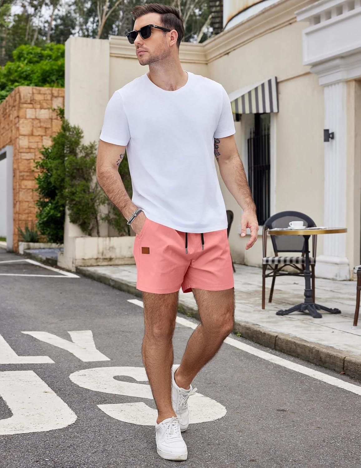 imageCOOFANDY Mens Casual Cotton Shorts Summer Beach 5 Inch Shorts Lightweight Drawstring Elastic Waist Chino Golf ShortsPink
