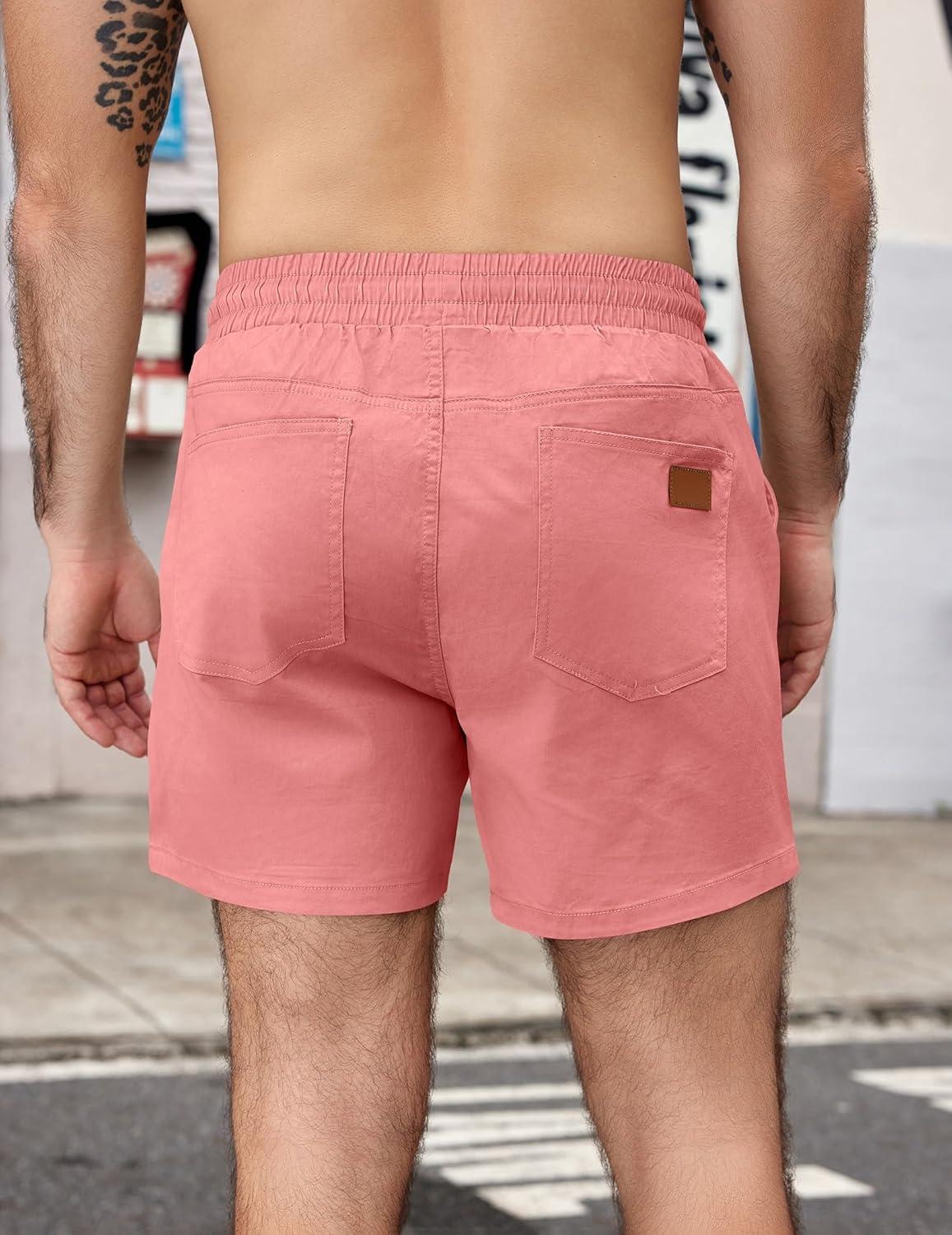 imageCOOFANDY Mens Casual Cotton Shorts Summer Beach 5 Inch Shorts Lightweight Drawstring Elastic Waist Chino Golf ShortsPink