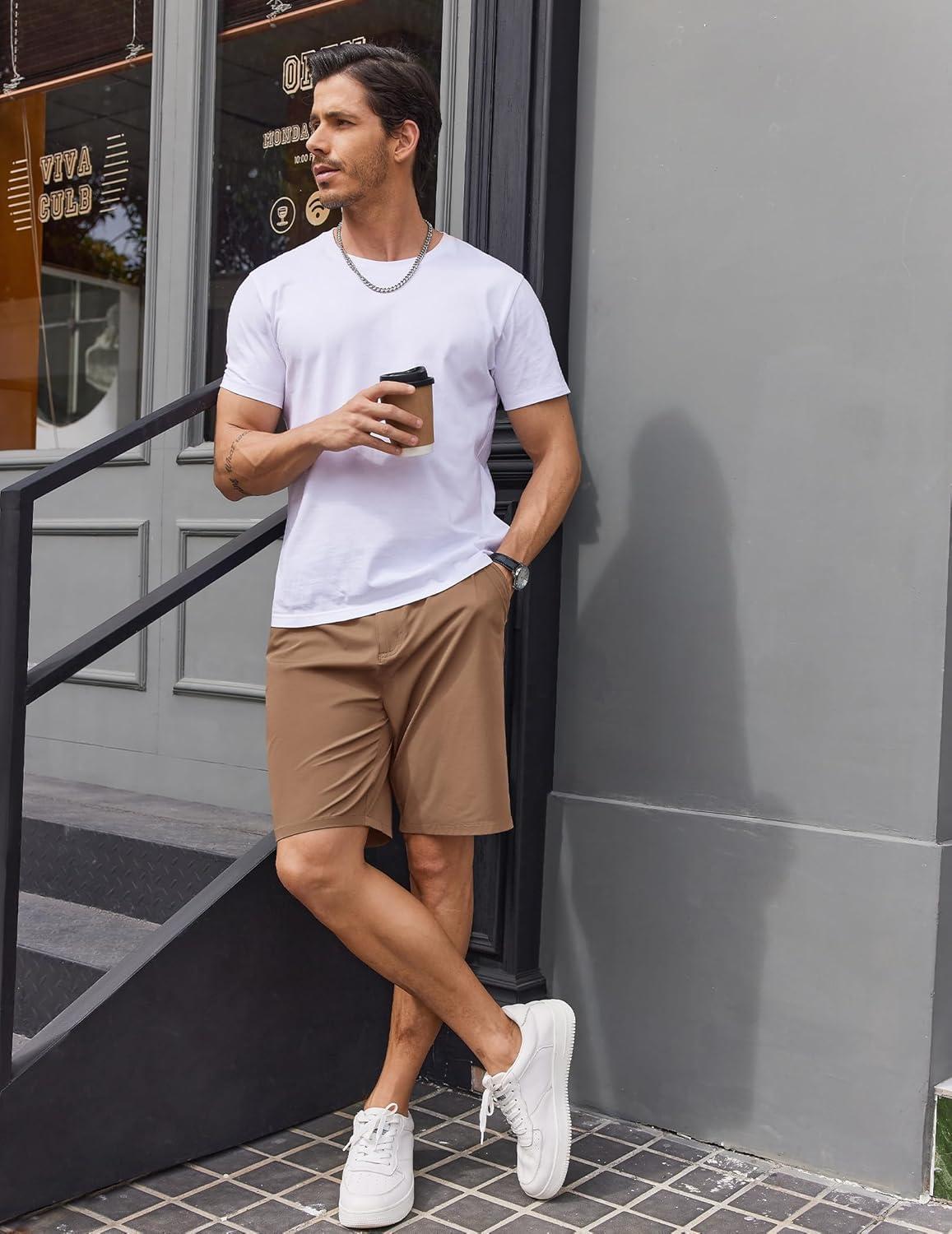 imageCOOFANDY Mens Casual Golf Shorts 79 Lightweight Stretch QuickDry Shorts for Hiking Work with 4 PocketsKhaki
