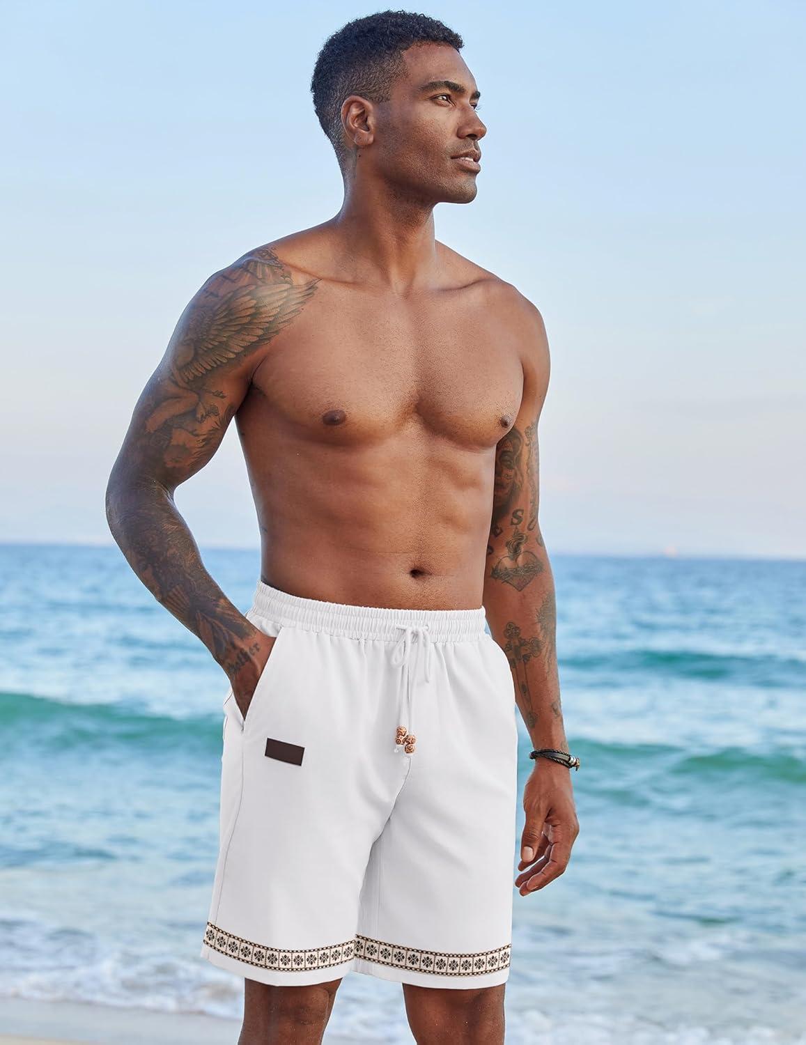 imageCOOFANDY Mens Casual Linen Shorts Elastic Waist Drawstring Loose Fit Summer Beach Vacation Shorts with PocketsBoho Jacquard 1