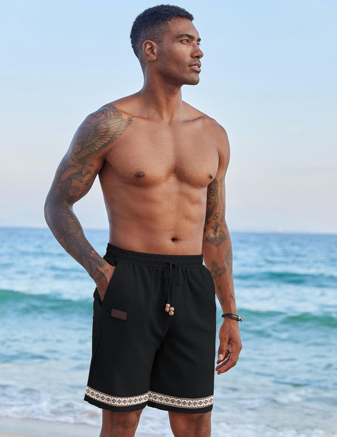 imageCOOFANDY Mens Casual Linen Shorts Elastic Waist Drawstring Loose Fit Summer Beach Vacation Shorts with PocketsBoho Jacquard 2