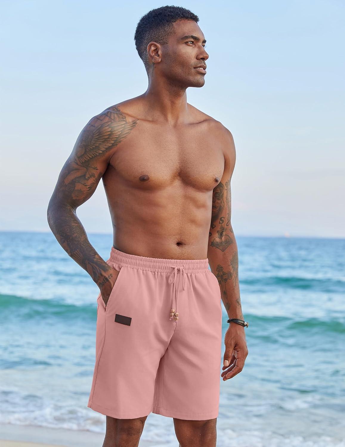 imageCOOFANDY Mens Casual Linen Shorts Elastic Waist Drawstring Loose Fit Summer Beach Vacation Shorts with PocketsFlamingo