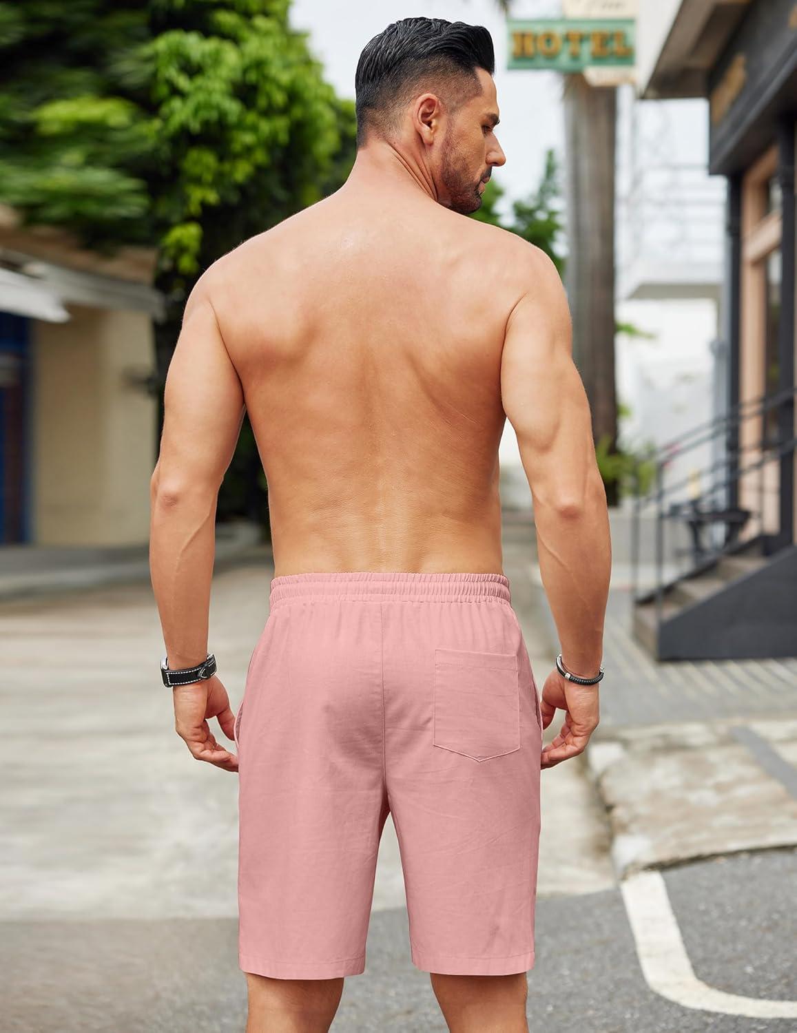 imageCOOFANDY Mens Casual Linen Shorts Elastic Waist Drawstring Loose Fit Summer Beach Vacation Shorts with PocketsFlamingo