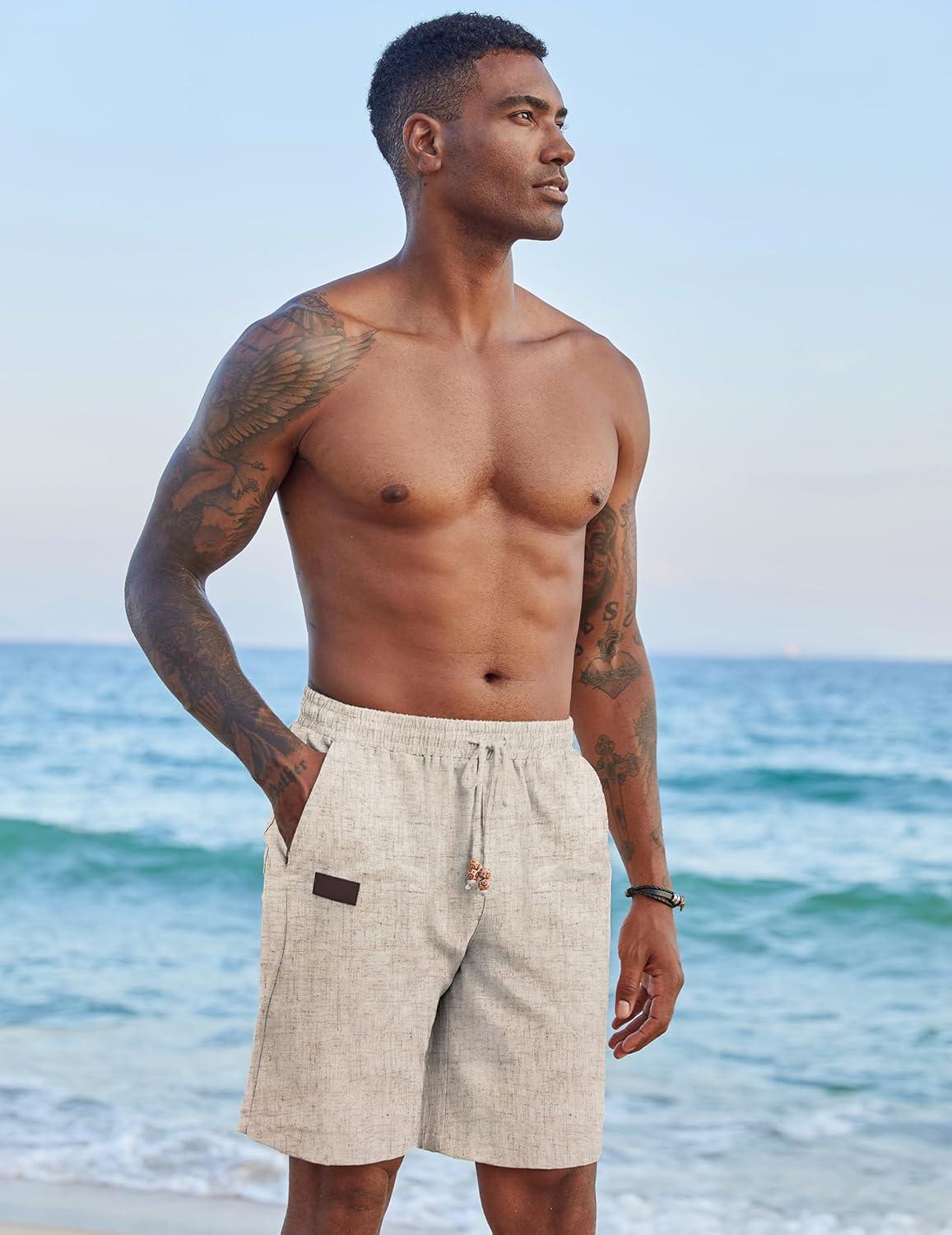 imageCOOFANDY Mens Casual Linen Shorts Elastic Waist Drawstring Loose Fit Summer Beach Vacation Shorts with PocketsZ KhakiWhite
